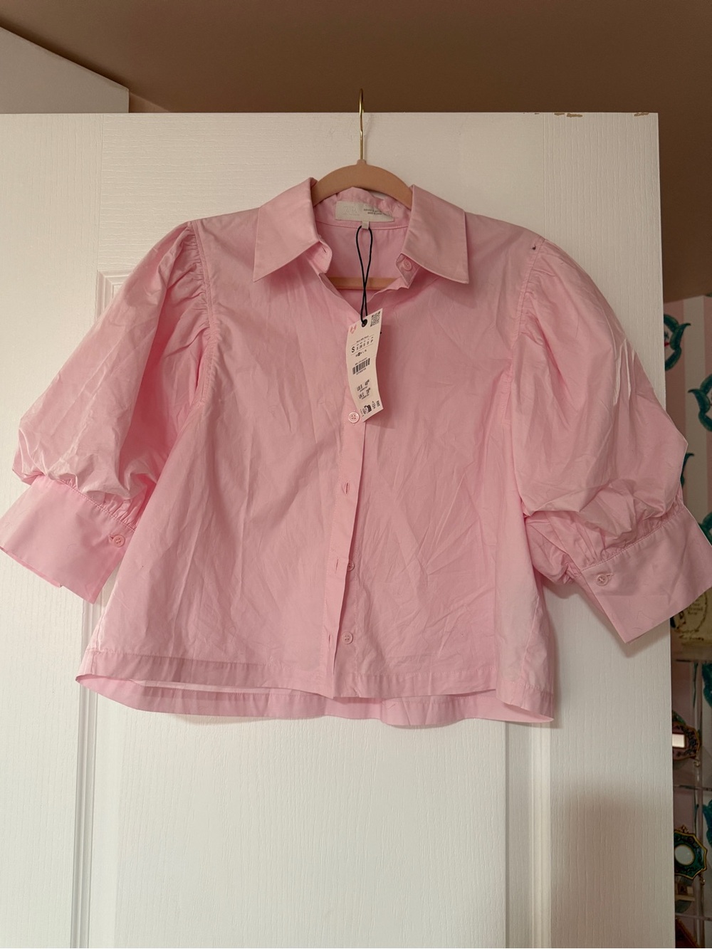 Zara Women's Pink Puff-Sleeve Button-Down Cropped Shirt